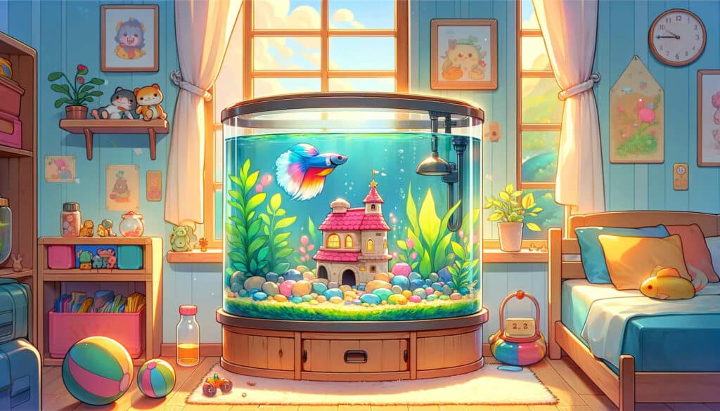 An illustration of a 10-gallon betta fish tank placed on a shelf under a window in a child's room