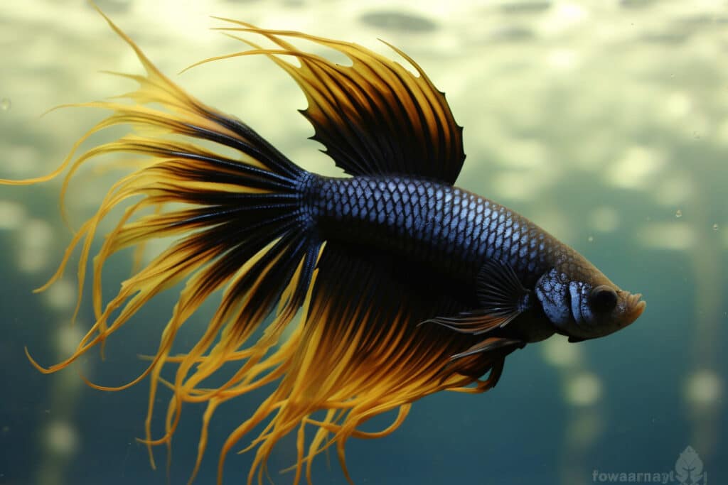 Black and yellow crown tail betta