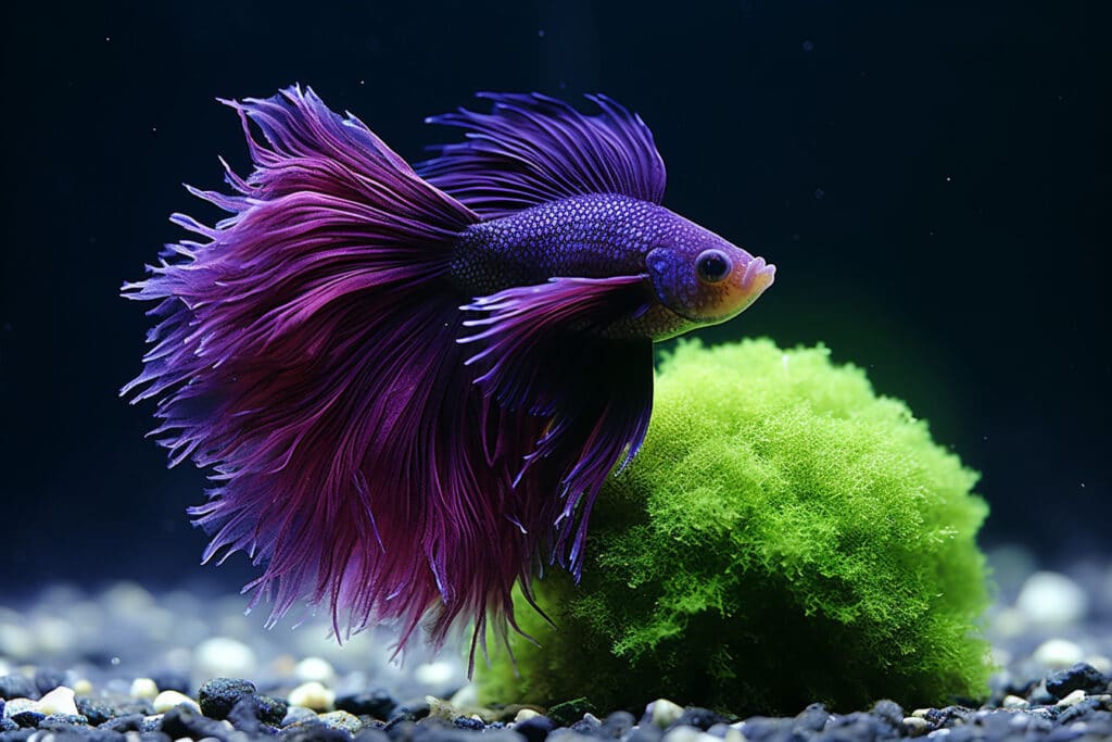 Java moss ball with purple betta fish