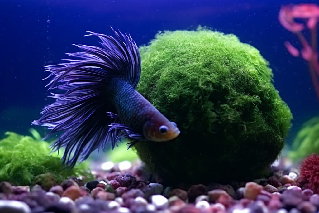 purple betta fish with Java moss ball