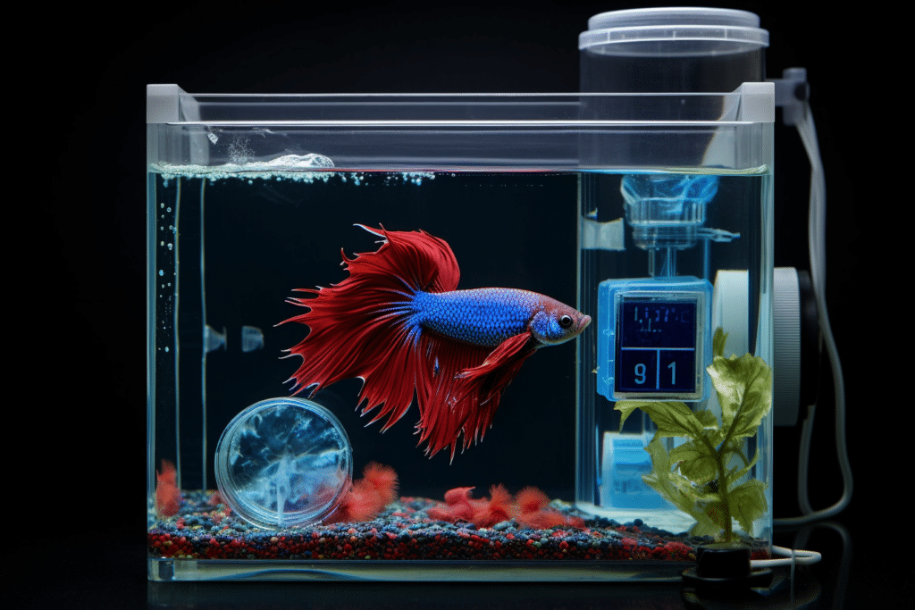 A betta fish in a tank with a water testing kit, showing the water parameters