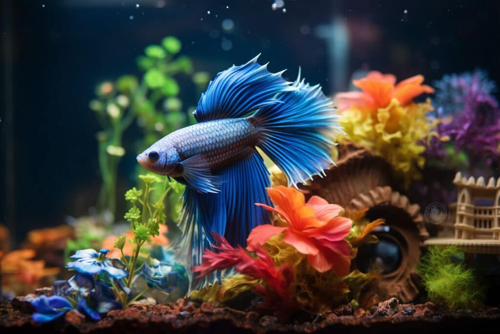 A betta fish in a tank with decorations and hideouts, looking happy and content
