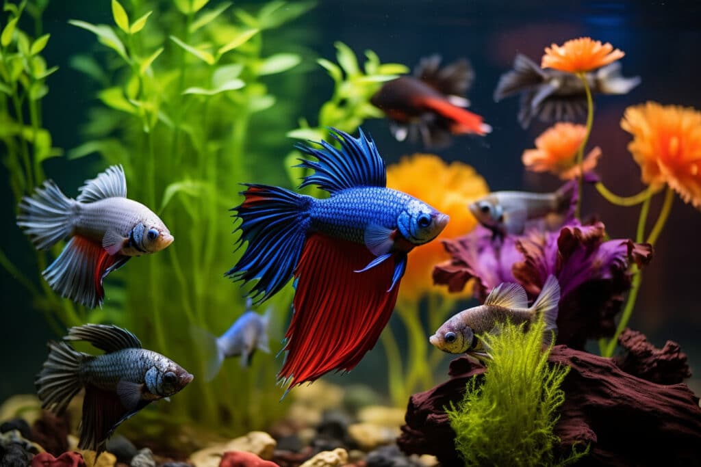 How to Keep a Betta Fish Happy A betta fish in a tank with other tank mates, looking happy and healthy
