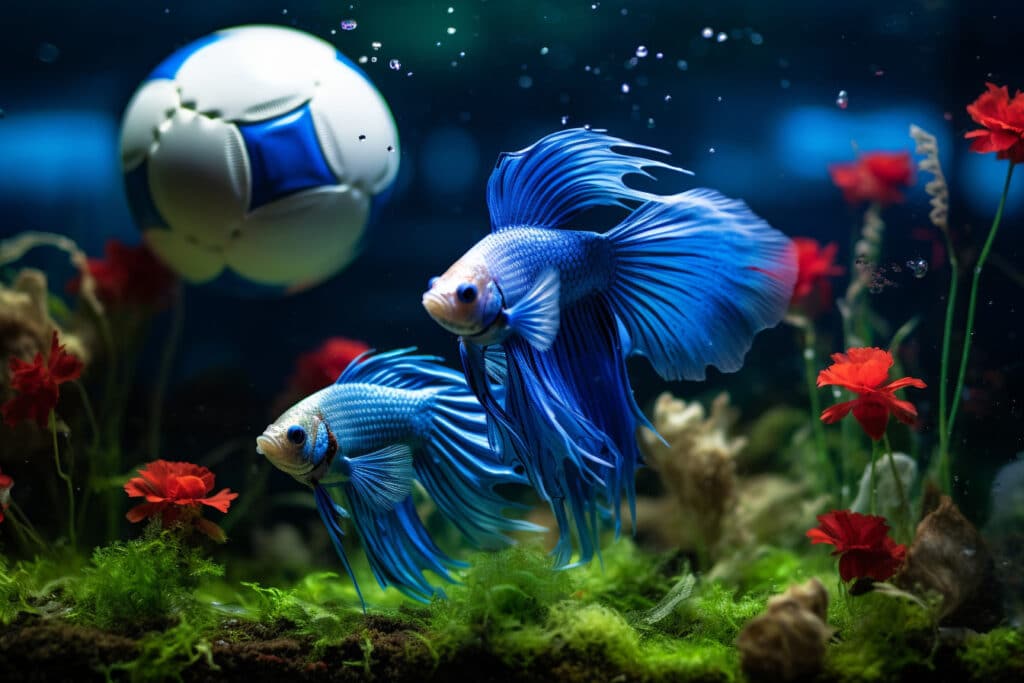 Betta fish playing football with betta tank mates