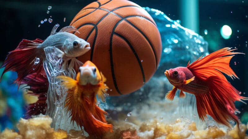 betta fish playing basketball with his tank mates