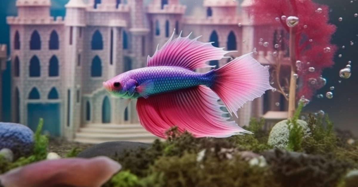 Pink purple betta fish with an aquarium castle in the background